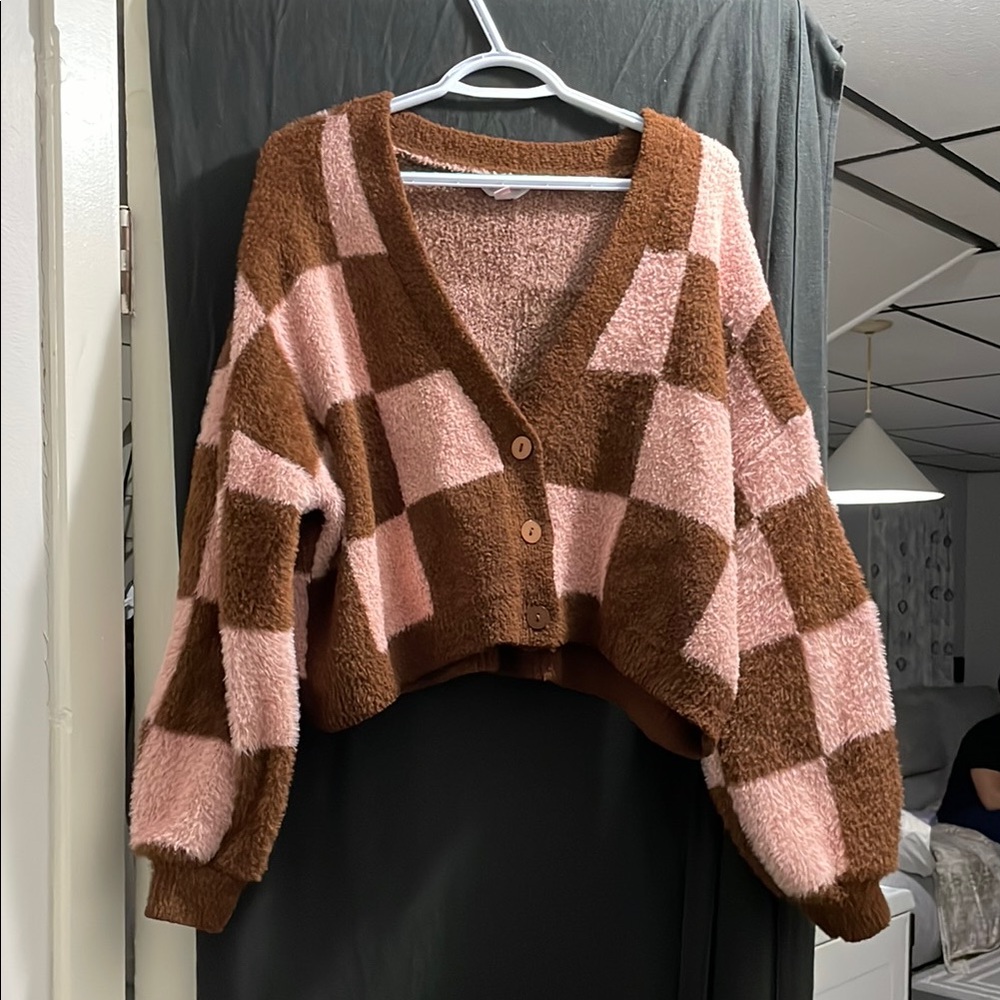 Cozy Pink and Brown Checkered Sweater